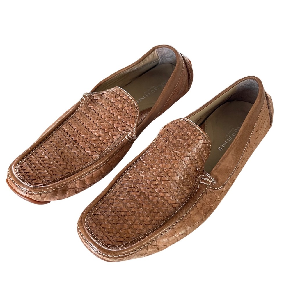 Donald Pliner Lazaro Loafer Men 10 Tan Woven Croc Embossed Leather Italian Shoes